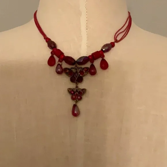 Garnet Colored Beaded Butterfly Necklace - Picture 2 of 3
